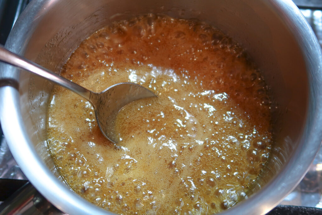 Boiling the wet ingredients until bubbling