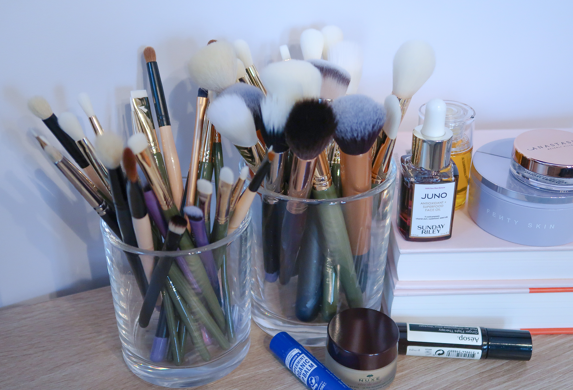Makeup Brushes on Desk and Beauty Items